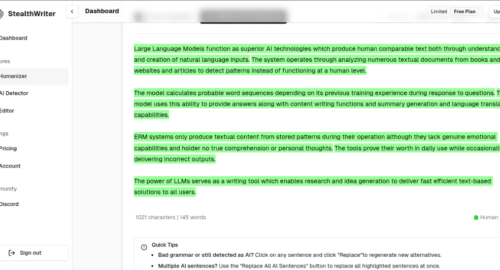 As expected, CopyLeaks can easily detect AI content that is paraphrased by QuillBot humanizer bots. It passed the test with flying colors (100% detection rate). Assessment 1.1 StealthWriter Next, we used StealthWriter, Ninja 3.2 to be specific, one of the most popular and functional AI-to-human text converters.