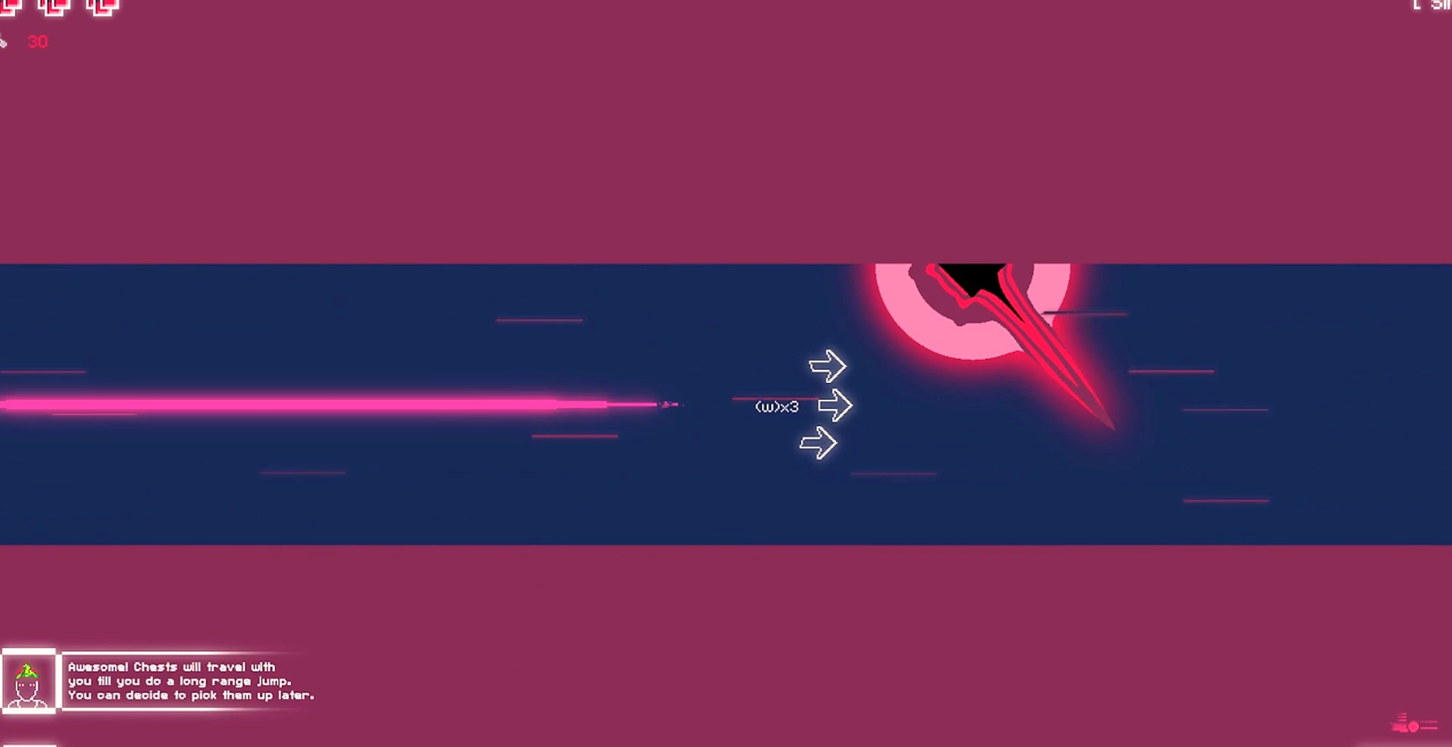 Hyperspace Dogfights interface showing a minimalist side-scrolling shooter with a pink laser beam aimed at a circular boss enemy.