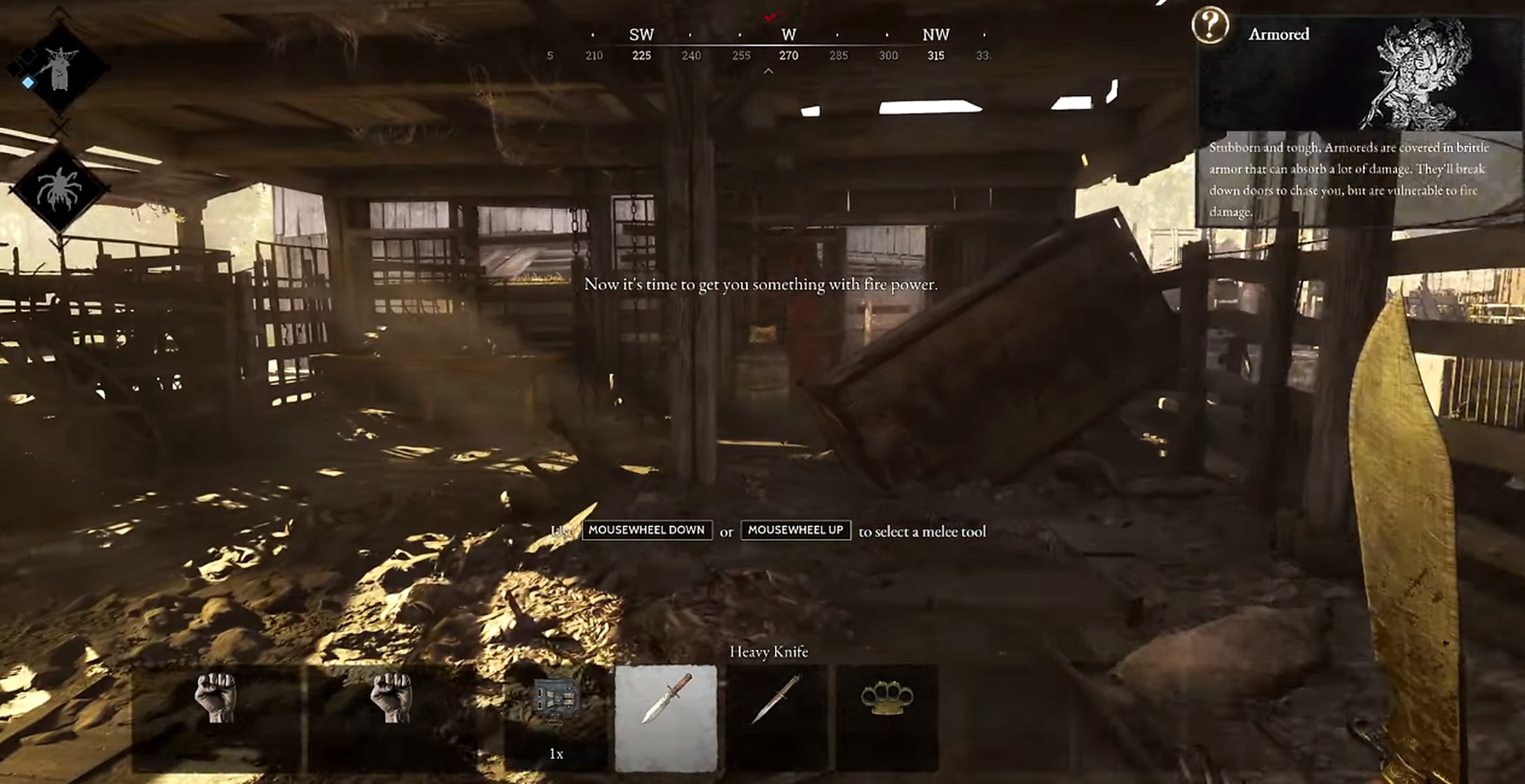 Hunt: Showdown first-person survival horror in a ruined interior with a weapon hotbar and an enemy codex entry visible.