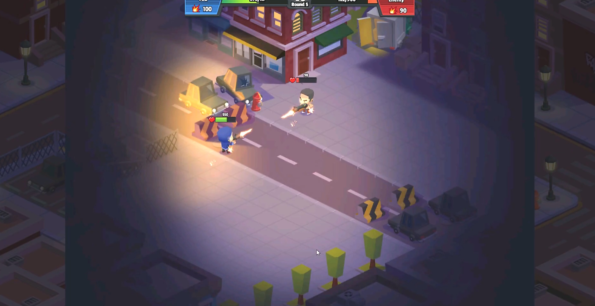 Idle Mafia gameplay: an isometric mobile brawler showing city-street combat, Round 5, with health bars overhead.