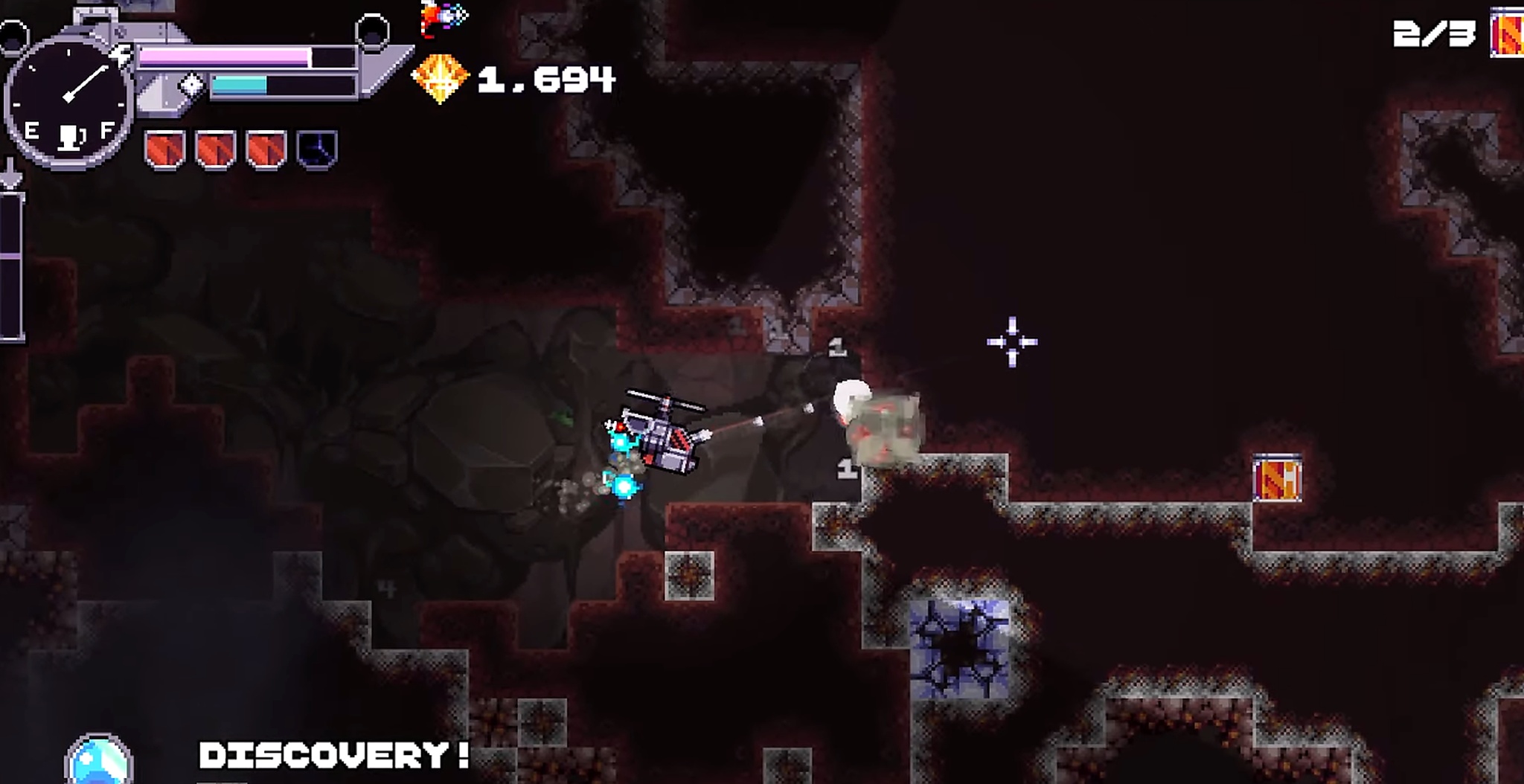 BORE BLASTERS interface showing a pixel roguelite platformer in a dark cave with a "DISCOVERY!" prompt and currency HUD.