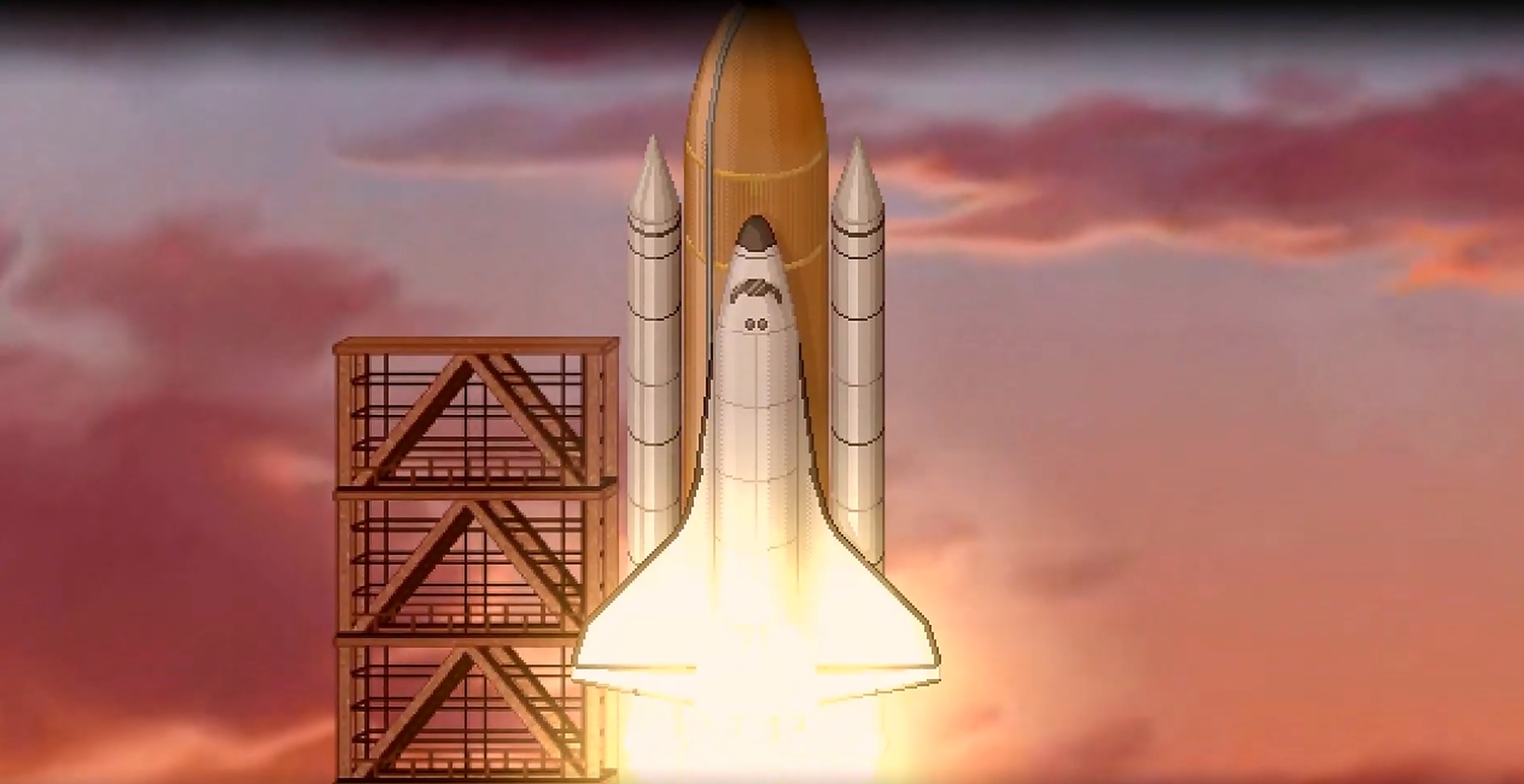 To the Moon pixel-art space shuttle launching at sunset with a cartoonish face on the nose cone.