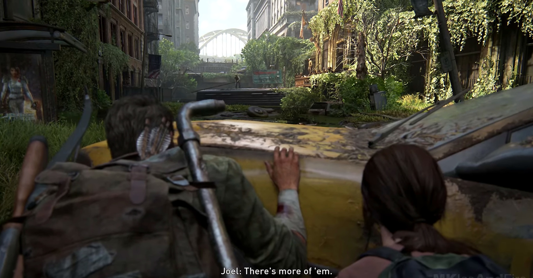 The Last of Us &mdash; Joel and Ellie behind a rusted taxi in an overgrown post-apocalyptic city.
