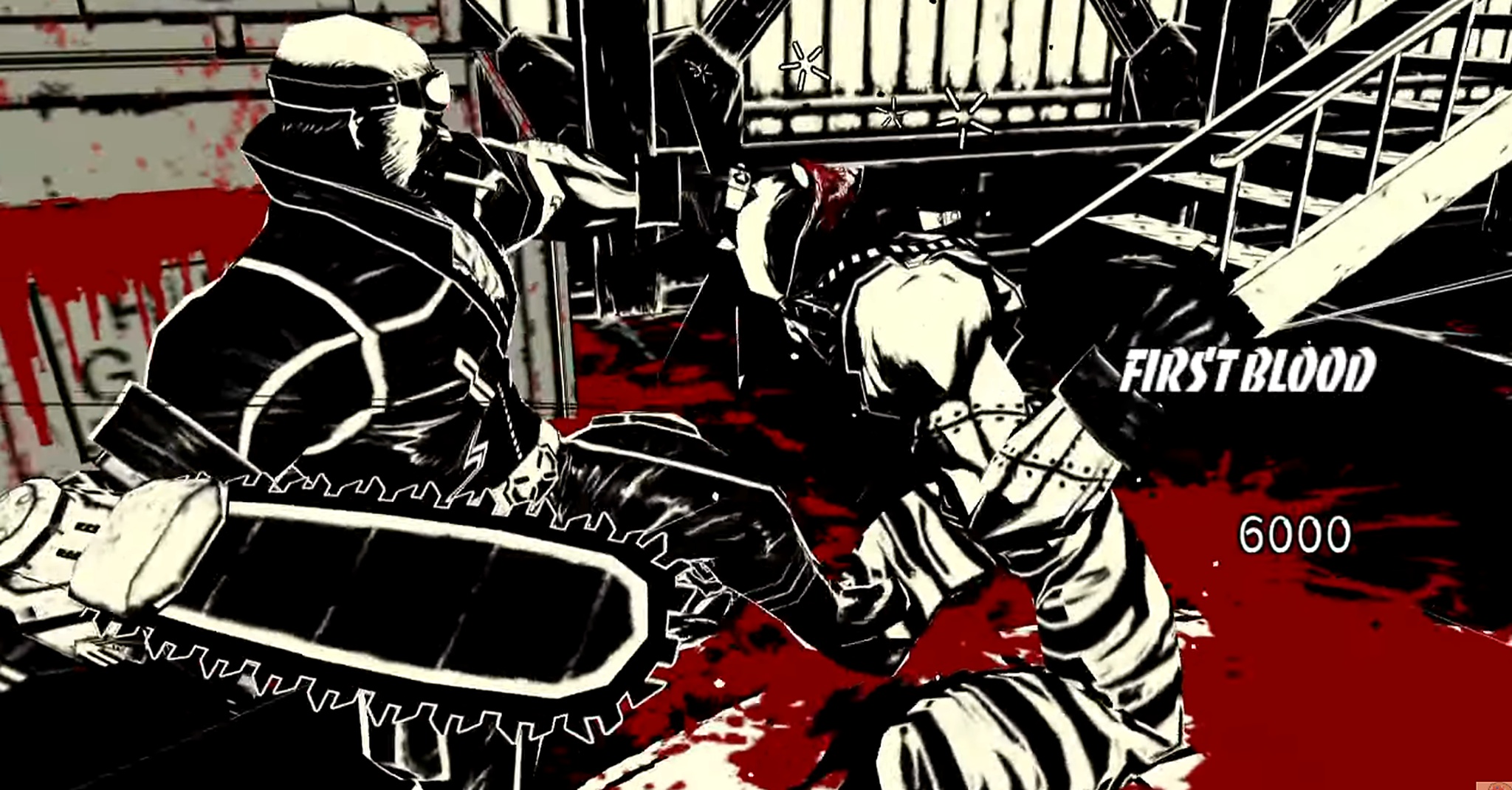 MadWorld interface showing a black-and-white cel-shaded brawler with red blood splatter and "FIRST BLOOD" on screen.