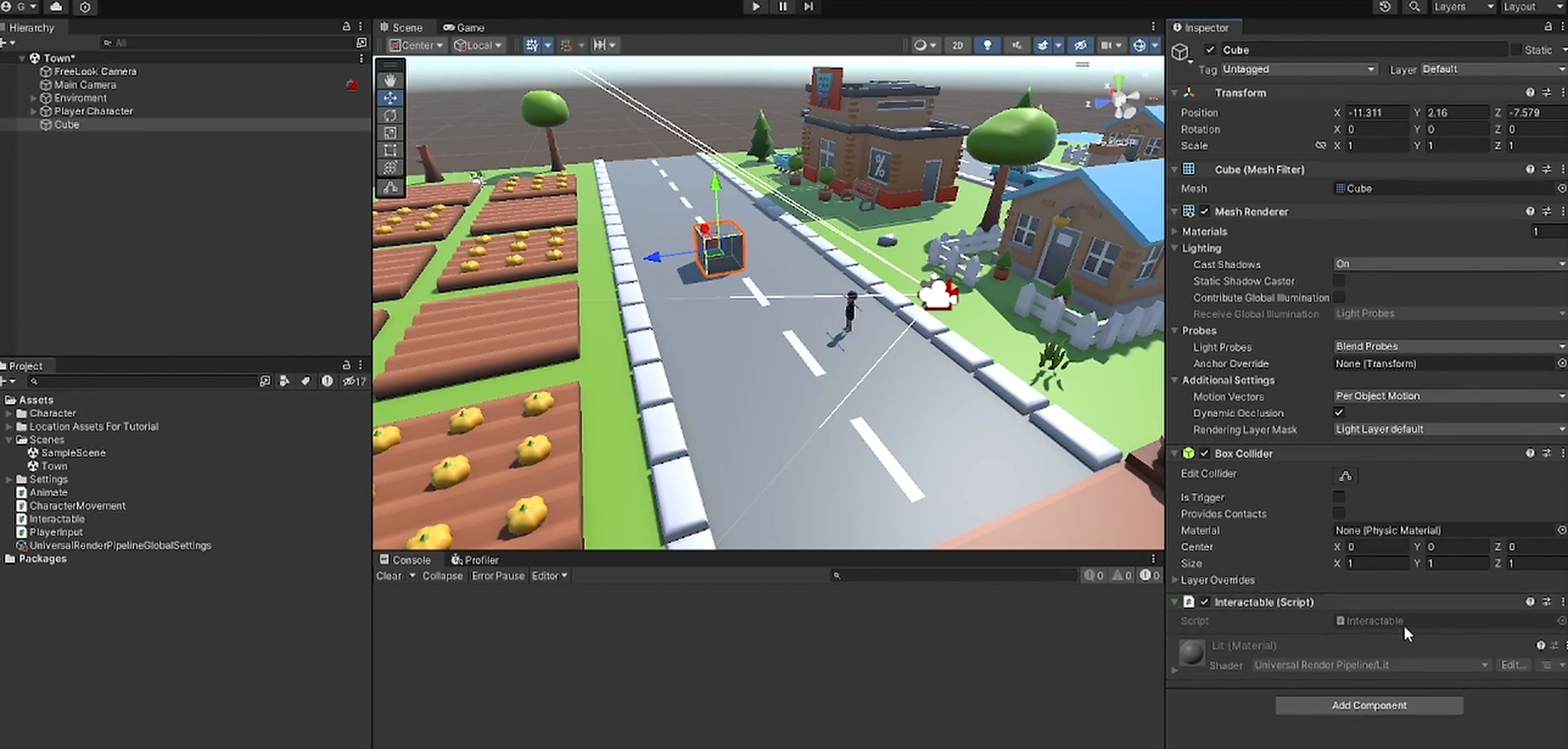 Pok&eacute;mon GO running in the Unity Editor with a low-poly 3D town scene and an Inspector panel showing a Cube's components.